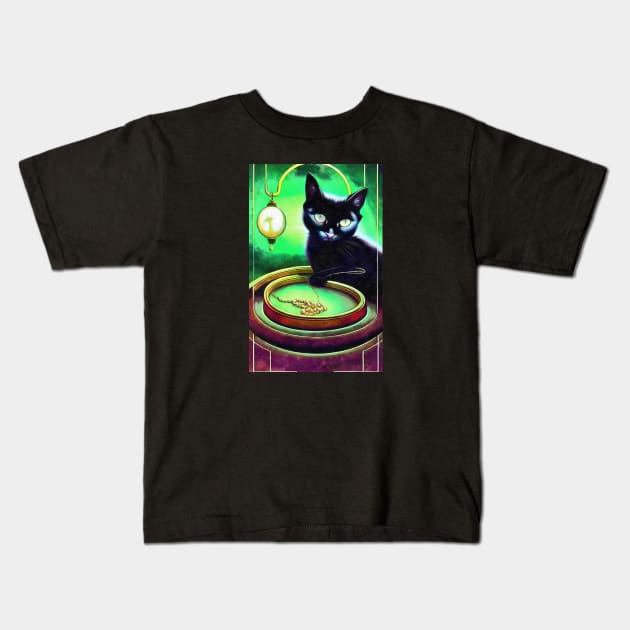 Black cat play with golden chain Kids T-Shirt by AnnArtshock